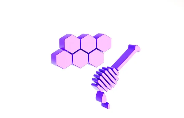 Purple Honeycomb con stickicon de cazo de miel aislado sobre fondo blanco. Cuchara de miel. Celdas de miel símbolo. Dulce comida natural. Concepto minimalista. 3D ilustración 3D render —  Fotos de Stock