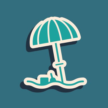 Yeşil arka planda izole edilmiş plaj ikonu için yeşil güneş koruyucu şemsiye. Açık alan için büyük bir şemsiye. Plaj şemsiyesi Uzun gölge tarzı. Vektör İllüstrasyonu