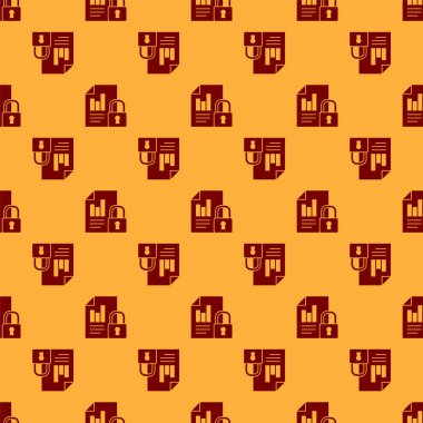 Kırmızı Belge ve kilit simgesi kahverengi arkaplanda izole edilmiş kusursuz desen. Dosya biçimi ve asma kilit. Güvenlik, güvenlik, koruma kavramı. Vektör İllüstrasyonu