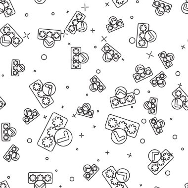 Siyah çizgi parola koruması ve güvenlik erişim simgesi beyaz arka planda izole edilmiş kusursuz desen. Güvenlik, güvenlik, koruma, gizlilik kavramı. Vektör İllüstrasyonu