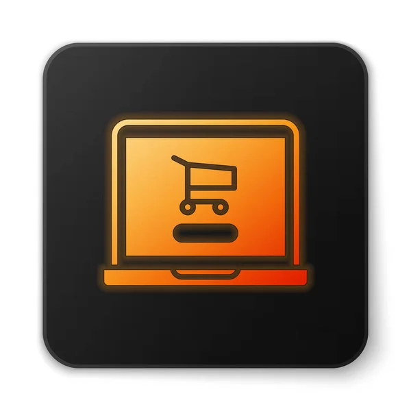 Orange Glowing Neon Shopping Cart Screen Laptop Icon Isolated White — Stock Vector