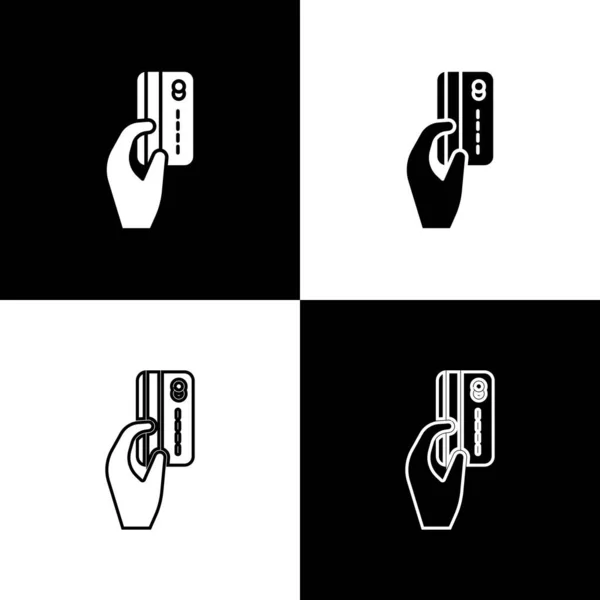 Set Human Hand Holding Credit Card Icon Isolated Black White — Stock Vector