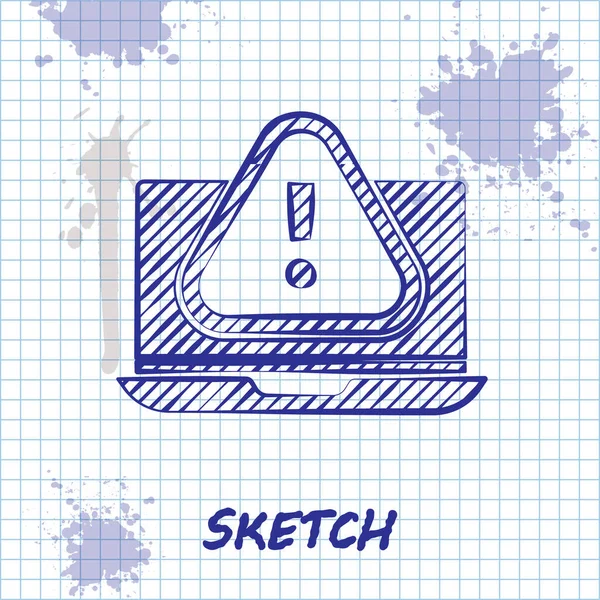 Sketch Line Laptop Θαυμαστικό Εικονίδιο Που Απομονώνεται Λευκό Φόντο Ειδοποίηση — Διανυσματικό Αρχείο