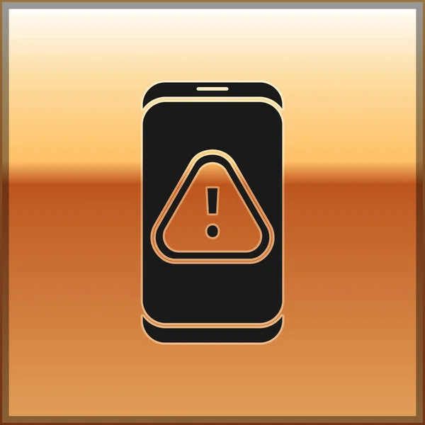 Black Mobile Phone Exclamation Mark Icon Isolated Gold Background Alert — 스톡 벡터