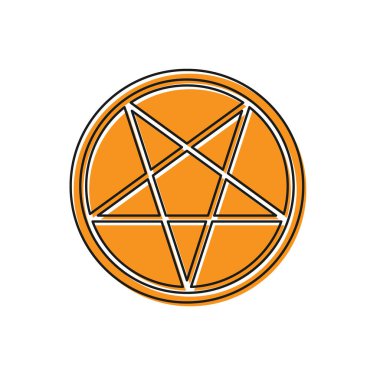 Beyaz arkaplanda izole edilmiş bir daire simgesinde turuncu pentagram. Sihirli okült yıldız sembolü. Vektör İllüstrasyonu