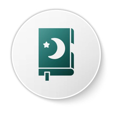 Beyaz arka planda izole edilmiş Yeşil Kutsal Kur 'an ikonu. Müslüman bayramı, Kurban Bayramı, Kurban Bayramı, Ramazan Kareem. Beyaz daire düğmesi. Vektör İllüstrasyonu