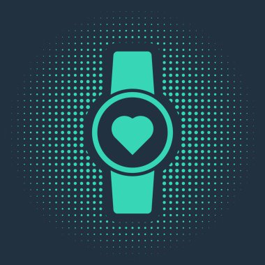 Yeşil Akıllı saat mavi arkaplanda kalp atışı simgesini gösteriyor. Fitness uygulaması konsepti. Soyut çember rastgele noktalar. Vektör İllüstrasyonu