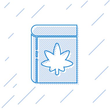 Mavi çizgi kitabı ve marihuana ya da beyaz arka planda izole edilmiş kenevir yaprağı ikonu. Kenevir sembolü. Vektör İllüstrasyonu