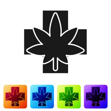 Siyah tıbbi marihuana ya da kenevir yaprağı ikonu beyaz arka planda izole edilmiş. Kenevir sembolü. Renkli kare düğmelerle simgeleri ayarla. Vektör İllüstrasyonu