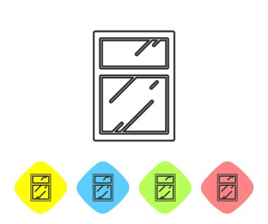 Beyaz arkaplanda izole edilmiş pencere simgesi için gri çizgi temizleme servisi. Silecek, kazıyıcı, silecek. Renkli eşkenar dörtgen düğmelerine simgeleri yerleştir. Vektör İllüstrasyonu