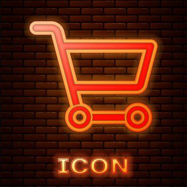 Parlayan neon alışveriş arabası simgesi tuğla duvar arkasında izole edilmiş. İnternetten satın alma konsepti. Servis tabelası. Süpermarket sepeti sembolü. Vektör İllüstrasyonu