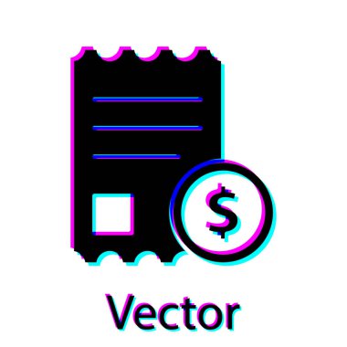 Siyah kağıt kontrolü ve mali kontrol simgesi beyaz arka planda izole edildi. Kağıt baskı çeki, makbuz ya da fatura. Vektör İllüstrasyonu