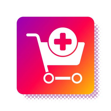 Beyaz arkaplanda izole edilmiş alışveriş arabası simgesine beyaz ekleme. İnternetten satın alma konsepti. Servis tabelası. Süpermarket sepeti sembolü. Kare renk düğmesi. Vektör İllüstrasyonu