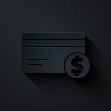 Kağıt kesiği kredi kartı ve dolar sembolü siyah arka planda izole edilmiş. Çevrimiçi ödeme. Nakit çekilmesi. Finansal operasyonlar. Kağıt sanatı tarzı. Vektör İllüstrasyonu