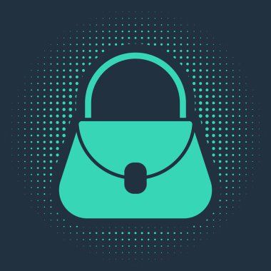 Mavi arkaplanda yeşil el çantası simgesi izole edildi. Kadın el çantası işareti. Glamour günlük bagaj sembolü. Soyut çember rastgele noktalar. Vektör İllüstrasyonu