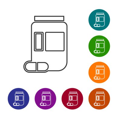 Siyah çizgi ilaç şişesi ve beyaz arka planda izole edilmiş hap ikonu. Şişe hapı işareti. Eczane tasarımı. Simgeleri renk daire düğmelerine ayarla. Vektör İllüstrasyonu