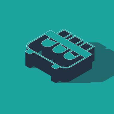 Isometric Test tüpü ve kimyasal test ikonu yeşil arka planda izole edildi. Laboratuvar cam levhası. Vektör İllüstrasyonu