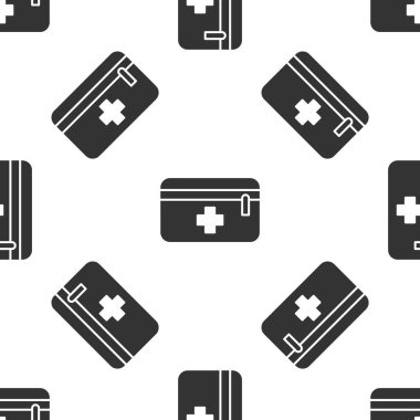 Gri ilk yardım çantası ikonu beyaz arka planda izole edilmiş pürüzsüz desen. Haçlı sağlık kutusu. Acil durumlar için tıbbi ekipman. Sağlık sigortası konsepti. Vektör İllüstrasyonu