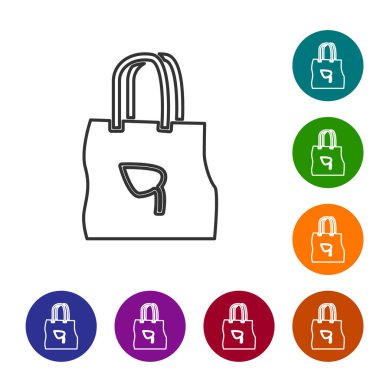 Beyaz zemin üzerinde geri dönüşüm simgesi olan siyah çizgi kağıt alışveriş torbası. Geri dönüşüm sembollü çanta. Simgeleri renk daire düğmelerine ayarla. Vektör İllüstrasyonu