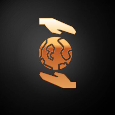 Dünya 'nın simgesini tutan altın insan elleri siyah arkaplanda izole edilmiş. Dünya kavramını sakla. Vektör İllüstrasyonu