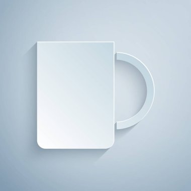 Kağıt kesiği kahve fincanı simgesi gri arka planda izole edilmiş. Çay fincanı. Sıcak içecek kahvesi. Kağıt sanatı tarzı. Vektör İllüstrasyonu