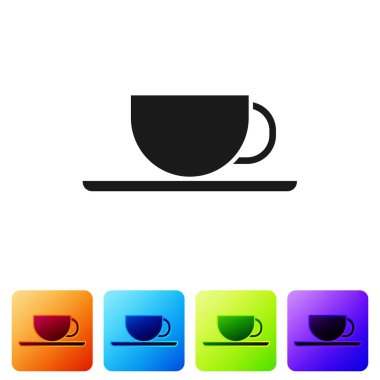 Beyaz arkaplanda siyah kahve bardağı simgesi var. Çay fincanı. Sıcak içecek kahvesi. Renkli kare düğmelerle simgeleri ayarla. Vektör İllüstrasyonu