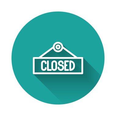 Kapalı metin simgesi uzun gölgeli beyaz çizgi asma işareti. Kafe ya da restoran için iş teması. Yeşil daire düğmesi. Vektör İllüstrasyonu