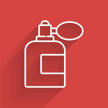 Beyaz çizgi tıraş losyonu şişesi ve uzun gölgeli bir atom ikonu. Parfüm spreyi ikonu. Erkek parfüm şişesi. Vektör İllüstrasyonu