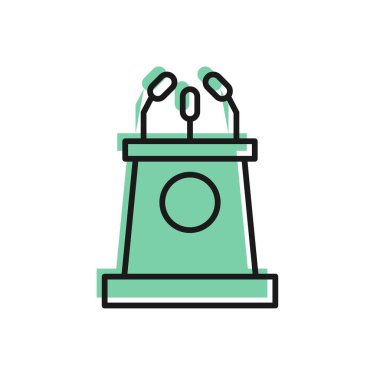 Siyah çizgi sahne standı ya da beyaz arkaplanda izole edilmiş podyum kürsü ikonu. Konferans konuşma tribünü. Vektör İllüstrasyonu