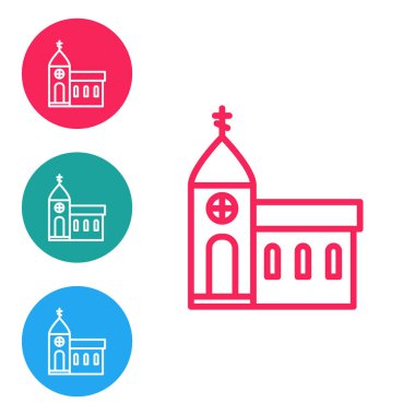 Kırmızı çizgi kilise binası simgesi beyaz arka planda izole edildi. Hıristiyan Kilisesi. Kilisenin dini. Simgeleri daire düğmelerine ayır. Vektör İllüstrasyonu