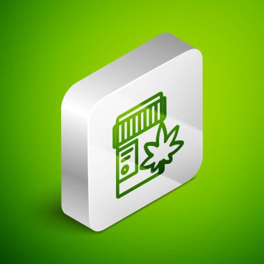 Yeşil arka planda marihuana ya da kenevir yaprağı ikonu olan Isome hattı tıbbi şişesi. Kavanozlardaki kenevir yağı özlerini taklit et. Gümüş kare düğme. Vektör İllüstrasyonu