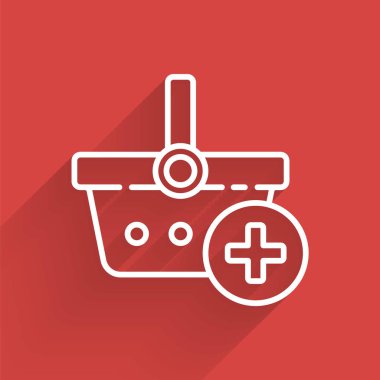 Beyaz çizgi. Uzun gölgeli alışveriş sepeti simgesine ekle. İnternetten satın alma konsepti. Teslimat servisi. Süpermarket sepeti sembolü. Vektör İllüstrasyonu