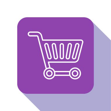 Beyaz çizgili alışveriş arabası simgesi beyaz arkaplanda izole edilmiş. İnternetten satın alma konsepti. Servis tabelası. Süpermarket sepeti sembolü. Mor kare düğme. Vektör İllüstrasyonu