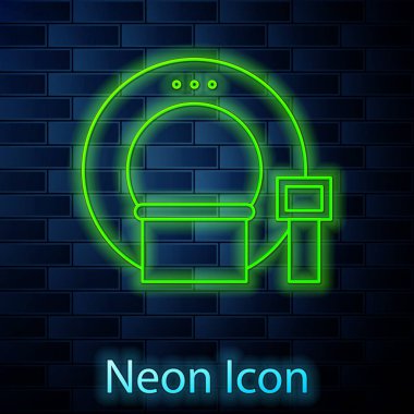 Parlayan neon hattı Tomografi ikonu tuğla duvar arka planında izole edildi. Tıbbi tarayıcı, radyasyon. Teşhis, radyoloji, manyetik rezonans terapisi. Vektör İllüstrasyonu