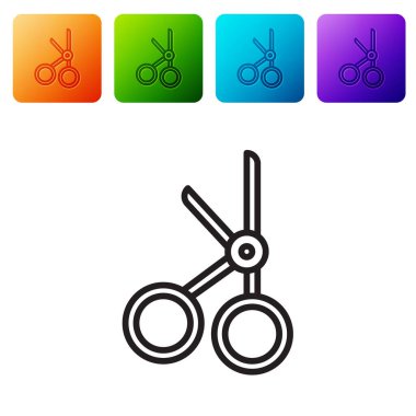 Siyah çizgi tıbbi makas simgesi beyaz arkaplanda izole edilmiş. Renkli kare düğmelerle simgeleri ayarla. Vektör İllüstrasyonu