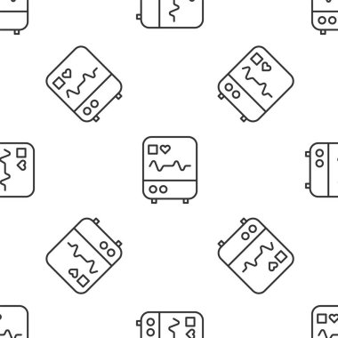 Gri çizgi bilgisayar monitörü ve kardiyogram simgesi beyaz arka planda izole edilmiş kusursuz desen. Simge denetleniyor. Kalp atışı elle çizilmiş EKG monitörü. Vektör İllüstrasyonu