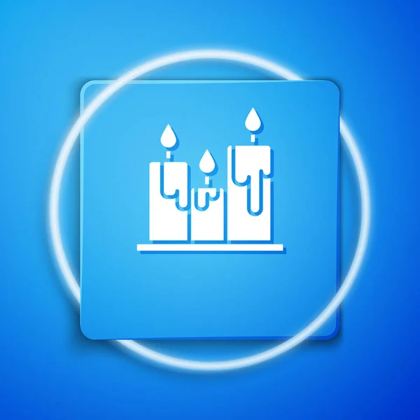 White Burning Candles Icon Isolated Blue Background Cylindrical Candle Stick — Stock Vector