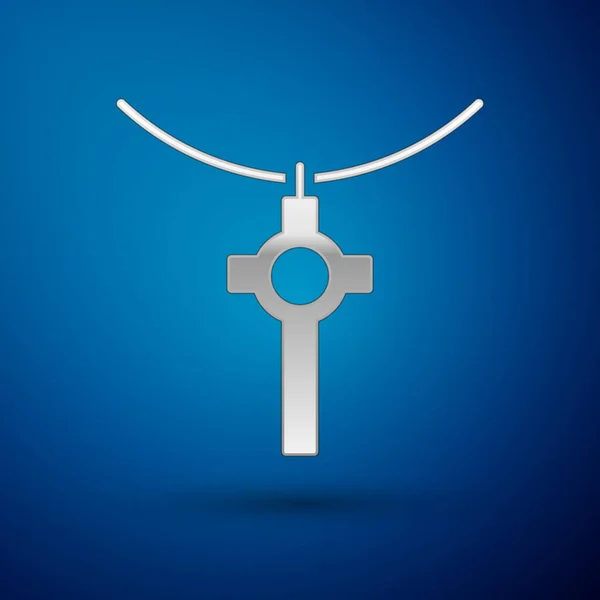 蓝色背景下的链子上的银十字架 教堂十字架 病媒图解 — 图库矢量图片