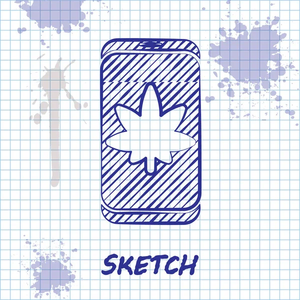 Sketch Line Telefone Celular Maconha Medicinal Ícone Folha Cannabis Isolado — Vetor de Stock