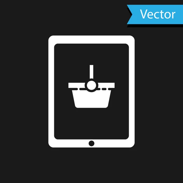 Weißer Warenkorb Auf Dem Bildschirm Tablet Symbol Isoliert Auf Schwarzem — Stockvektor
