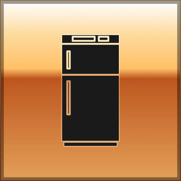 Schwarzes Kühlschranksymbol Isoliert Auf Goldenem Hintergrund Kühlschrank Mit Gefrierfach Kühlschrank — Stockvektor