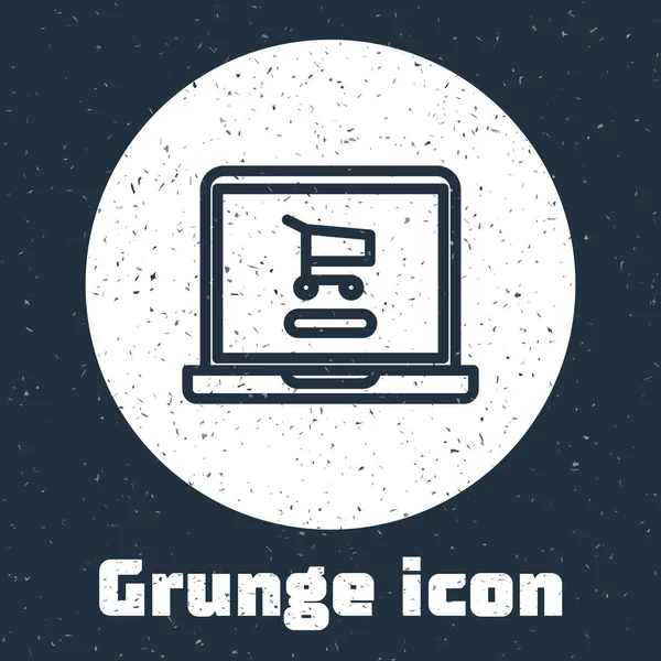 Grunge Linie Warenkorb Auf Dem Bildschirm Laptop Symbol Isoliert Auf — Stockvektor