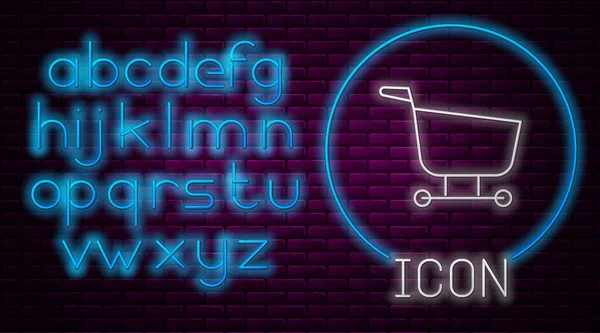 Glowing Neon Line Shopping Cart Icon Isolated Brick Wall Background - Stok Vektor