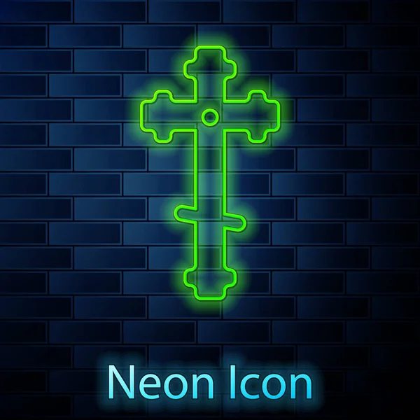 Gloeiende Neon Lijn Christelijke Kruis Pictogram Geïsoleerd Baksteen Muur Achtergrond — Stockvector