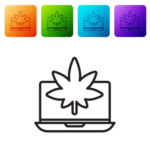 Black Line Laptop Marihuana Medicinal Icono Hoja Cannabis Aislado Sobre — Archivo Imágenes Vectoriales