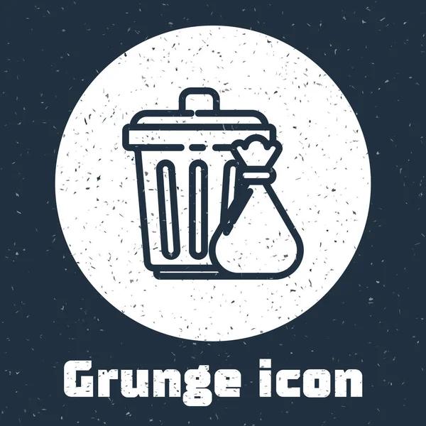 Grunge Line Trash Can Garbage Bag Icon Isolated Grey Background — Stock Vector