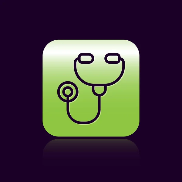 Black Line Stethoscope Medical Instrument Icon Isolated Black Background Green — Stock Vector