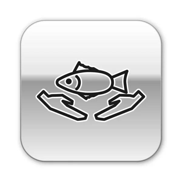 Svart Linje Fisk Vård Ikon Isolerad Vit Bakgrund Silverfyrkantig Knapp — Stock vektor