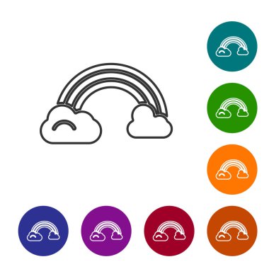 Siyah çizgi gökkuşağı beyaz arka planda izole edilmiş bulut simgesi. Simgeleri renk daire düğmelerine ayarla. Vektör İllüstrasyonu