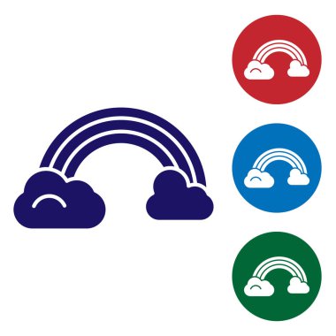 Beyaz arkaplanda bulutlu ikon olan mavi gökkuşağı. Renkli kare düğmelerle simgeleri ayarla. Vektör İllüstrasyonu